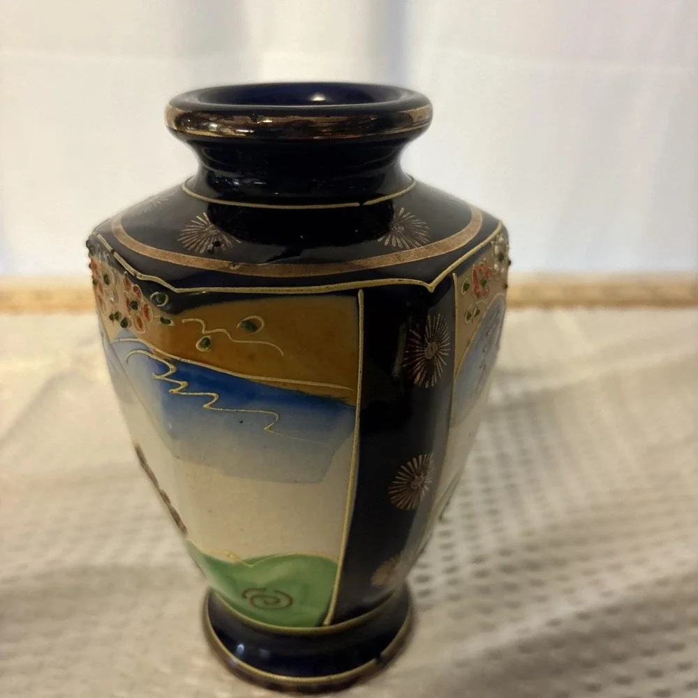Vintage Cobalt Blue Japanese Satsuma Moriage 6